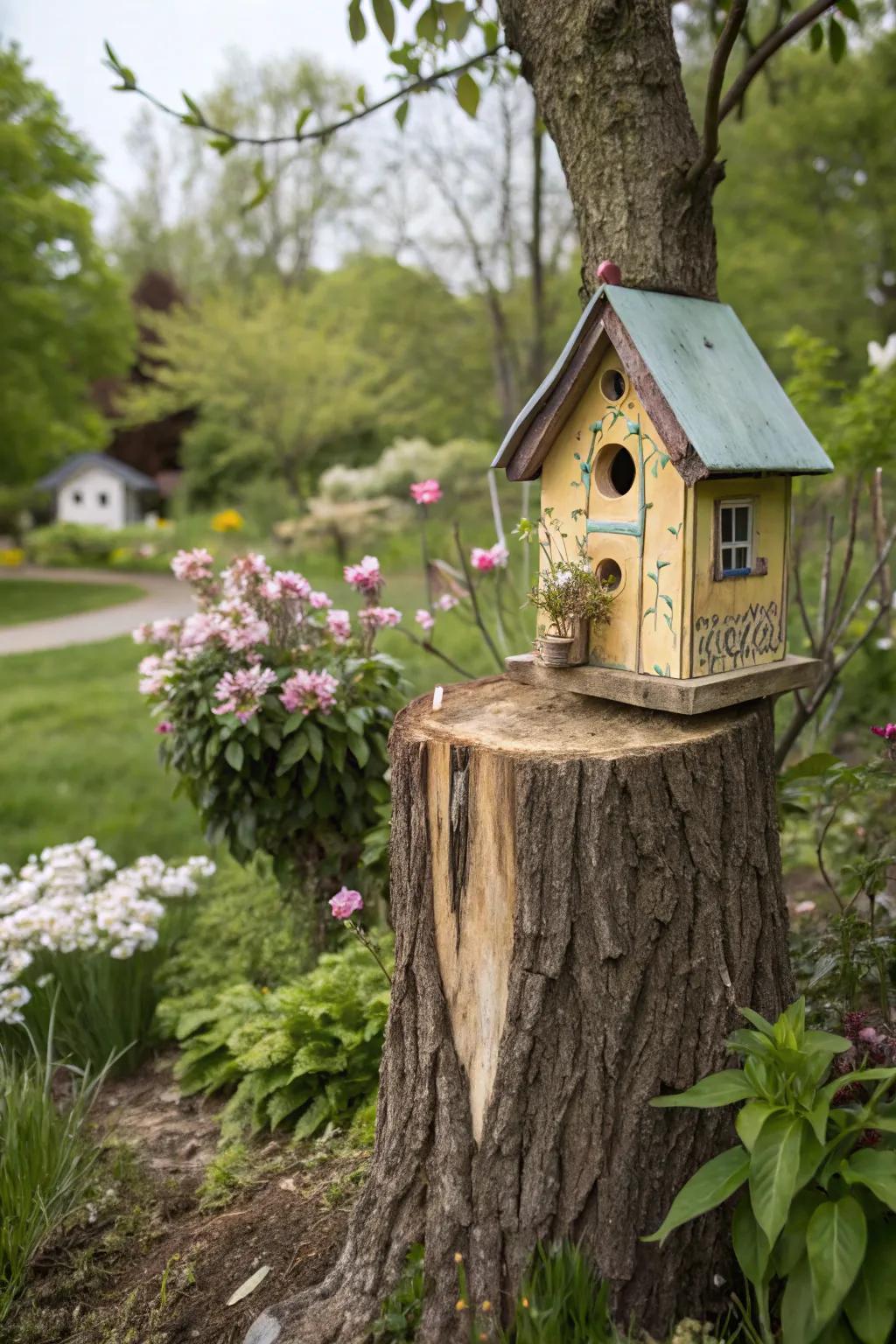 An aviary atop a stump is a pleasing enhancement to any garden.