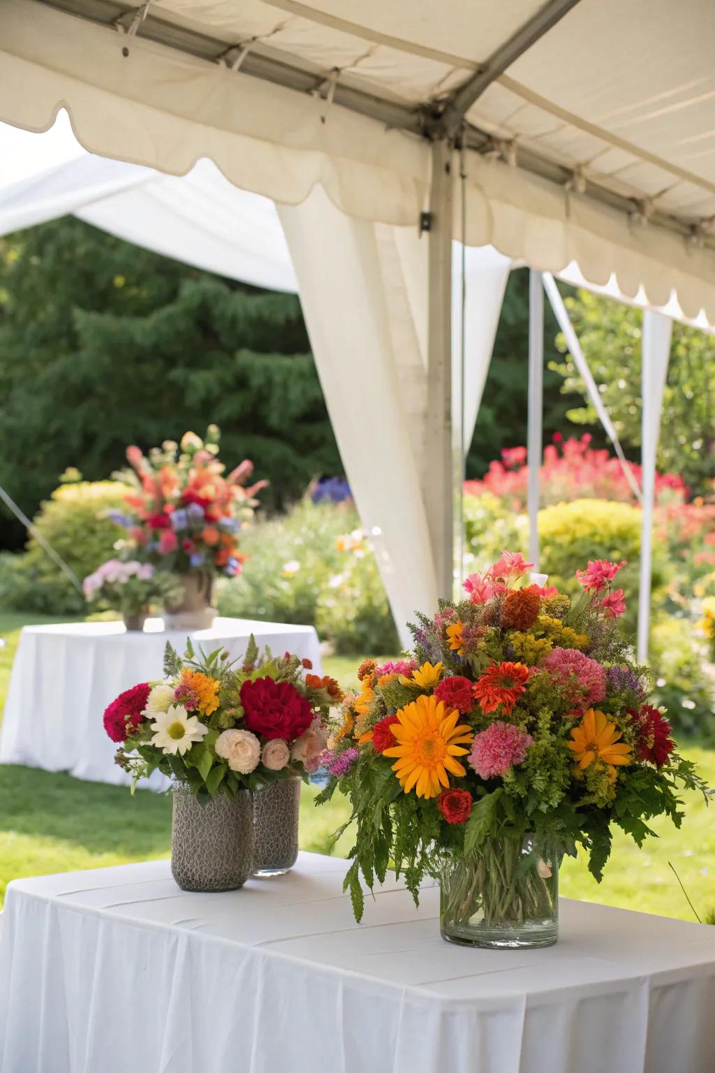 Blossom arrangements bring the splendor of the outdoors inside the tent.