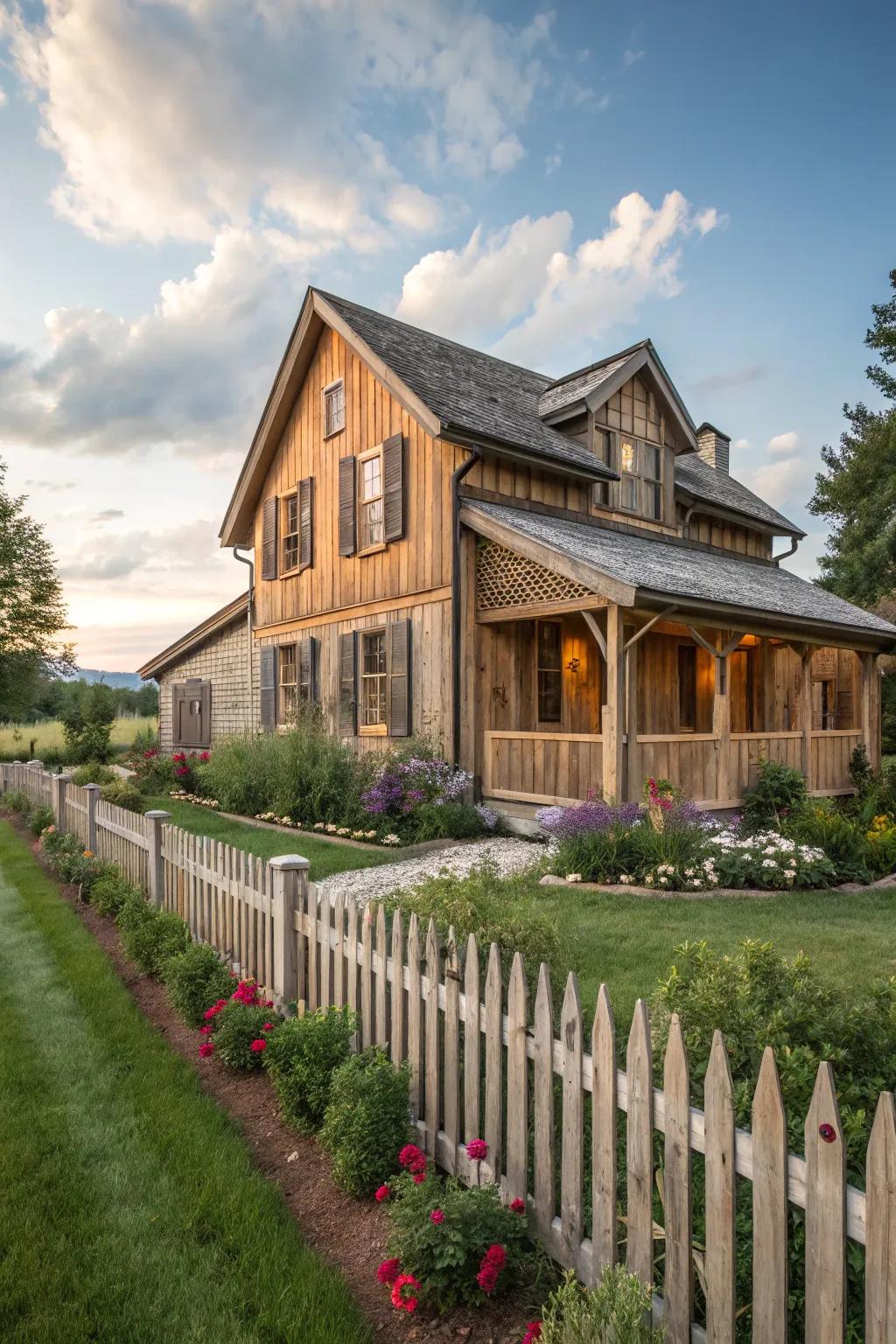 Rustic-style home featuring board and batten shutters.