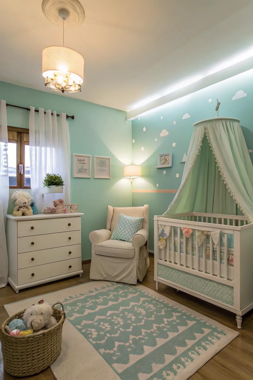 Muted, neutral shades foster a tranquil and peaceful nursery atmosphere.