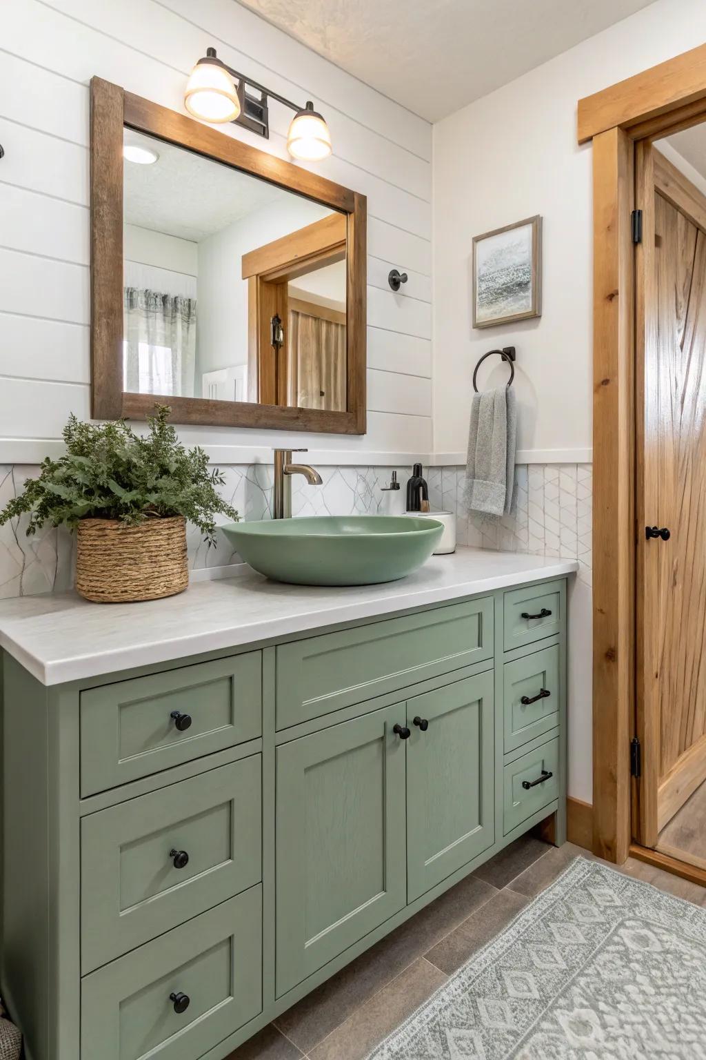 Sage green imparts a soothing, spa-like atmosphere.