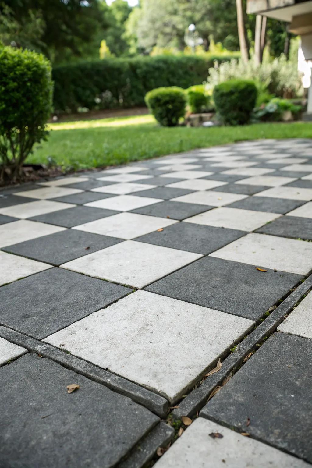 A timeless monochromatic chessboard patio design.