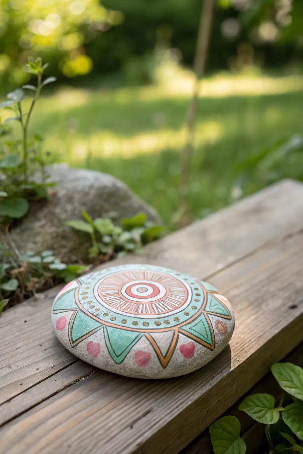 Highlight the charm in your garden using handmade geometric rock artwork.