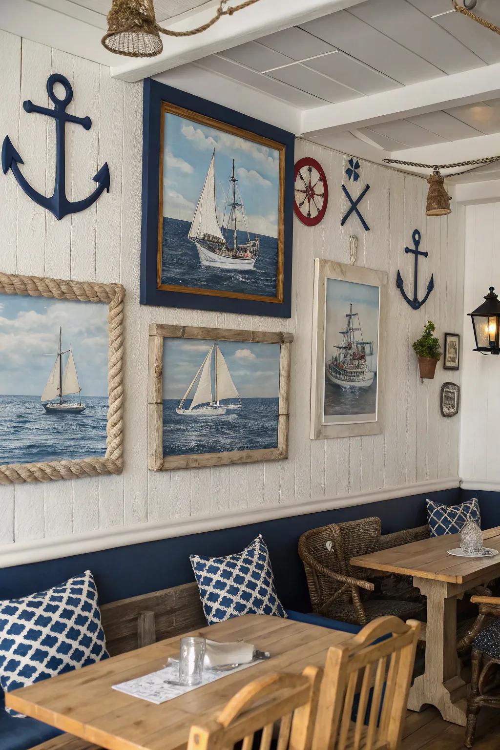 Nautical-themed room featuring cohesive framed paintings.