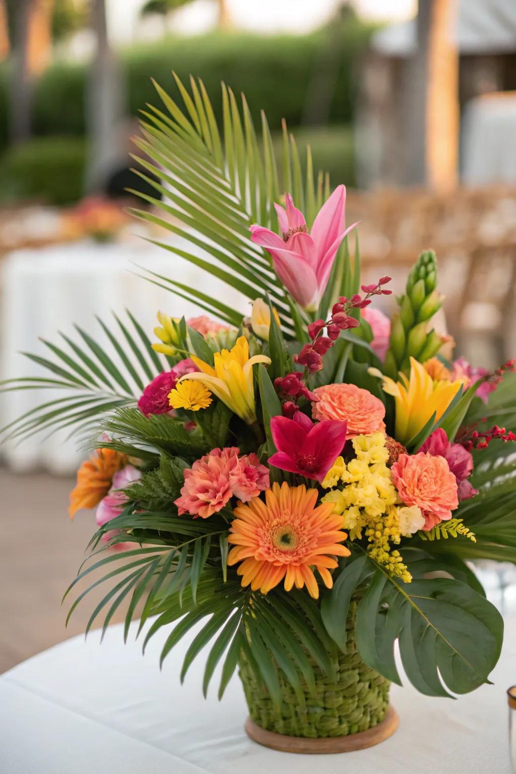 A lively fusion of exotic flowers and tropical fronds.
