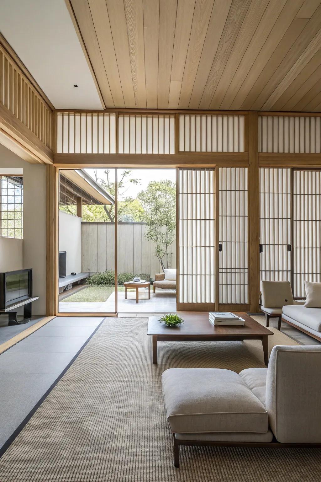 Minimalist living space featuring sleek upright panels.