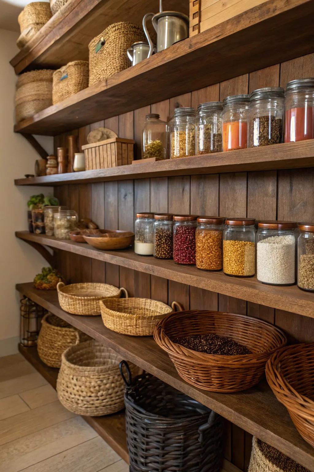 A pantry decorated with stained wood shelves, adding a rustic flair.
