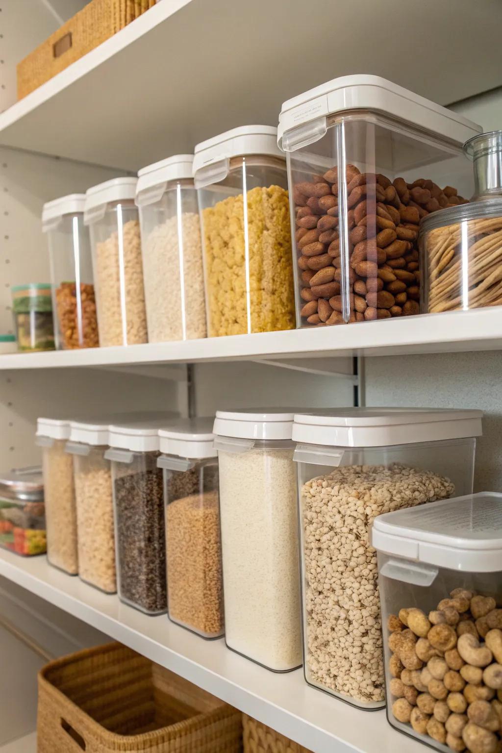 See-through containers within a pantry ensure effortless overview and freshness retention for dry comestibles.
