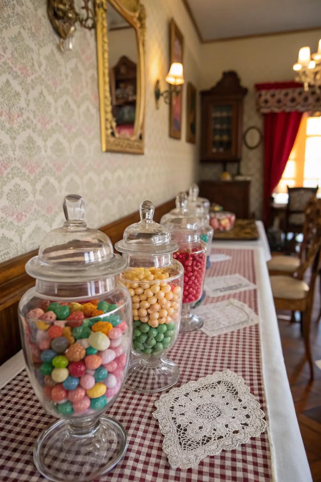 An appealing retro candy selection showcased in glass jars.