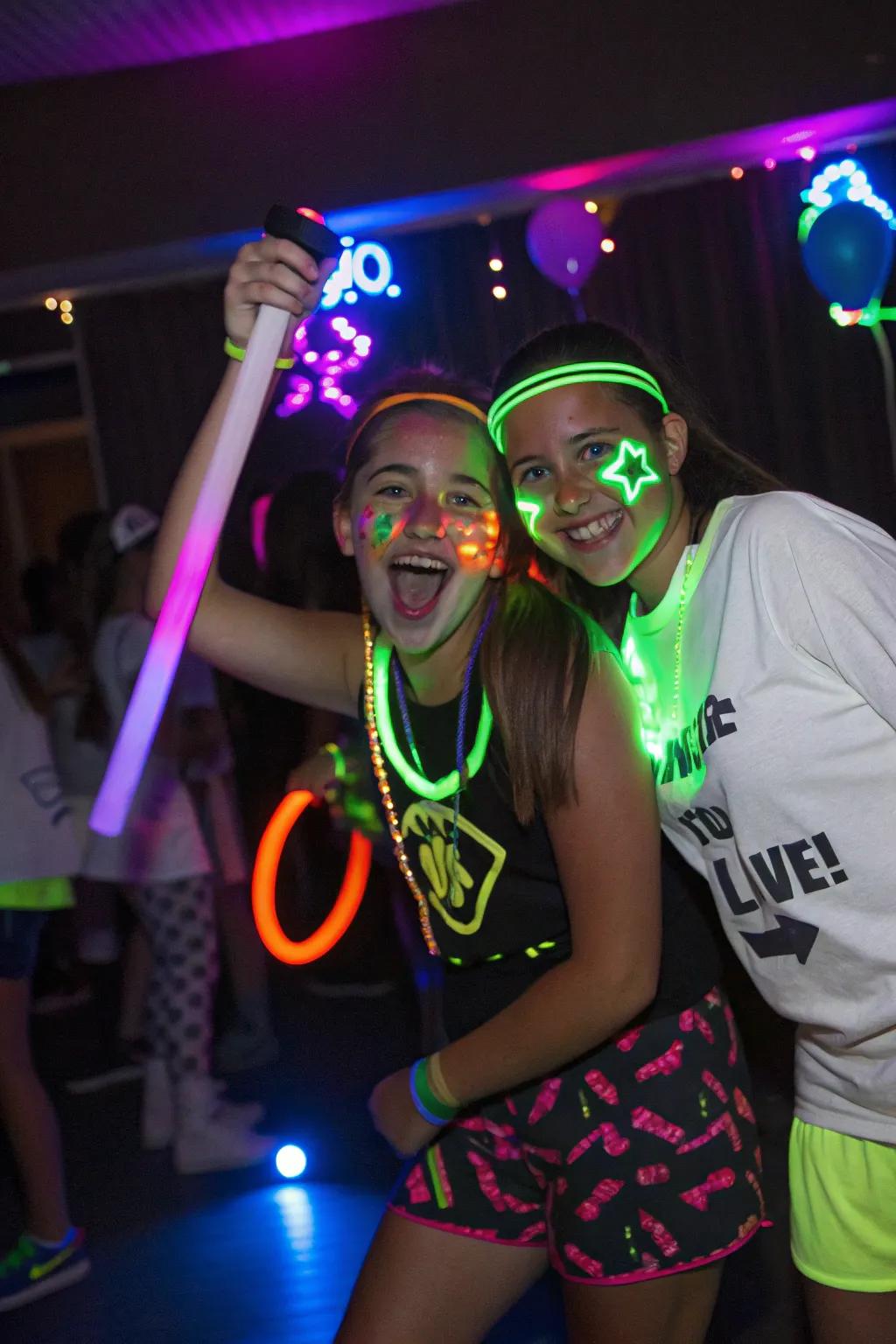 Teens enjoying a glow-in-the-dark celebration filled with neon lights and smiles.