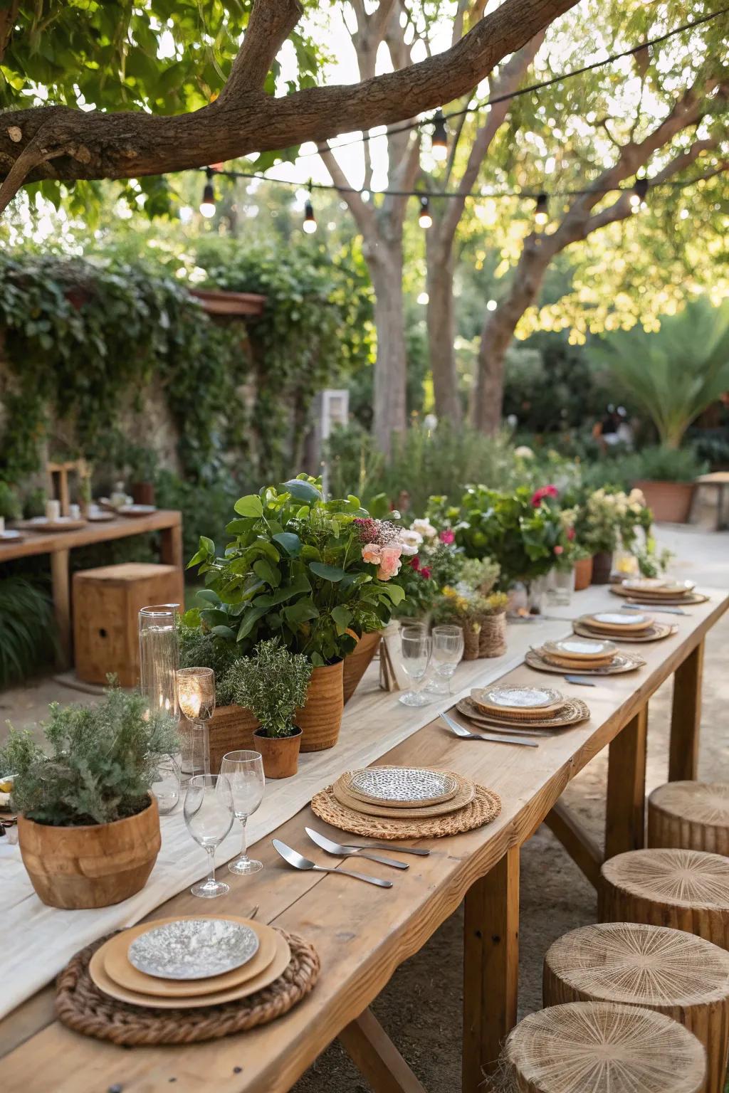 An attractive outdoor party table layout employing organic elements