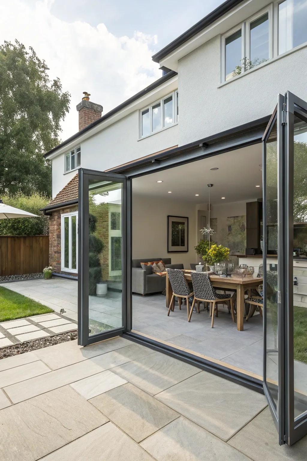 Accordion-style entrances fashion an expansive and welcoming entry to your patio.