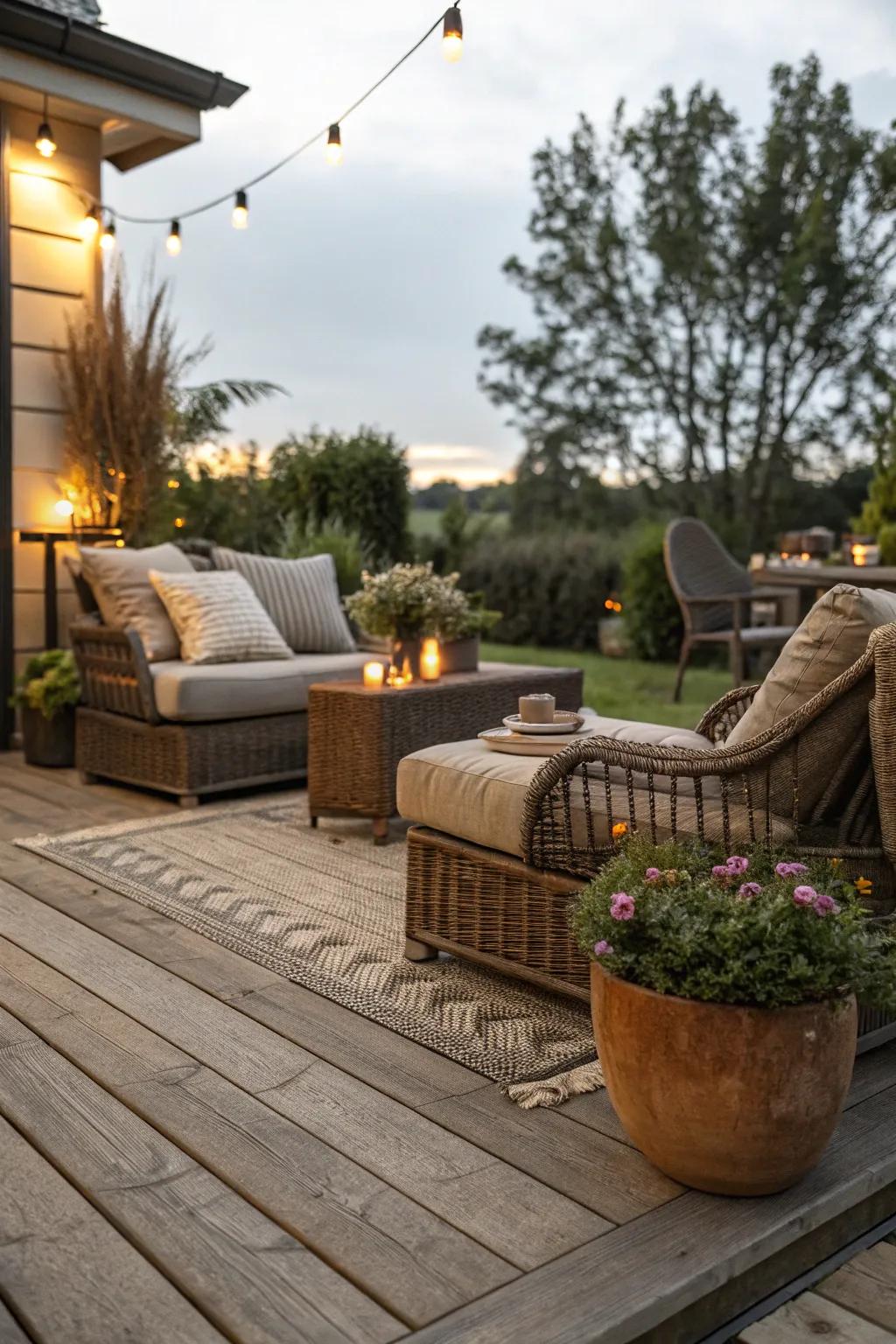 Add warmth with simple-to-install wood-look deck squares.
