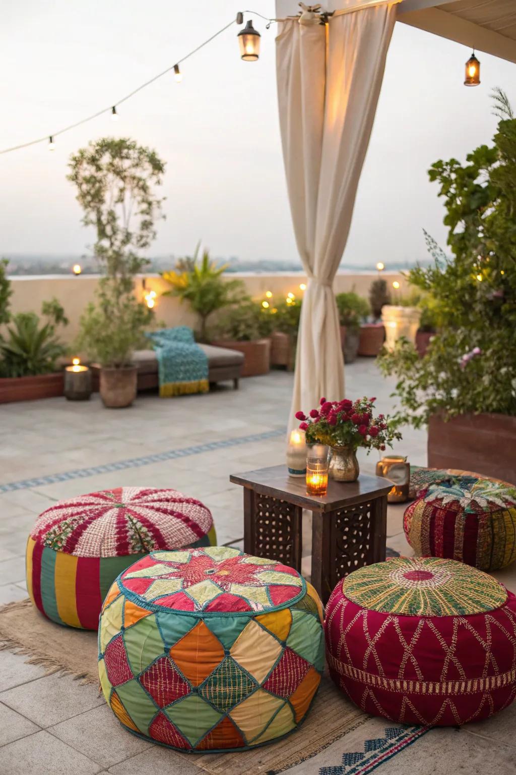 Floor cushions introduce versatility and a splash of color to your patio arrangement.