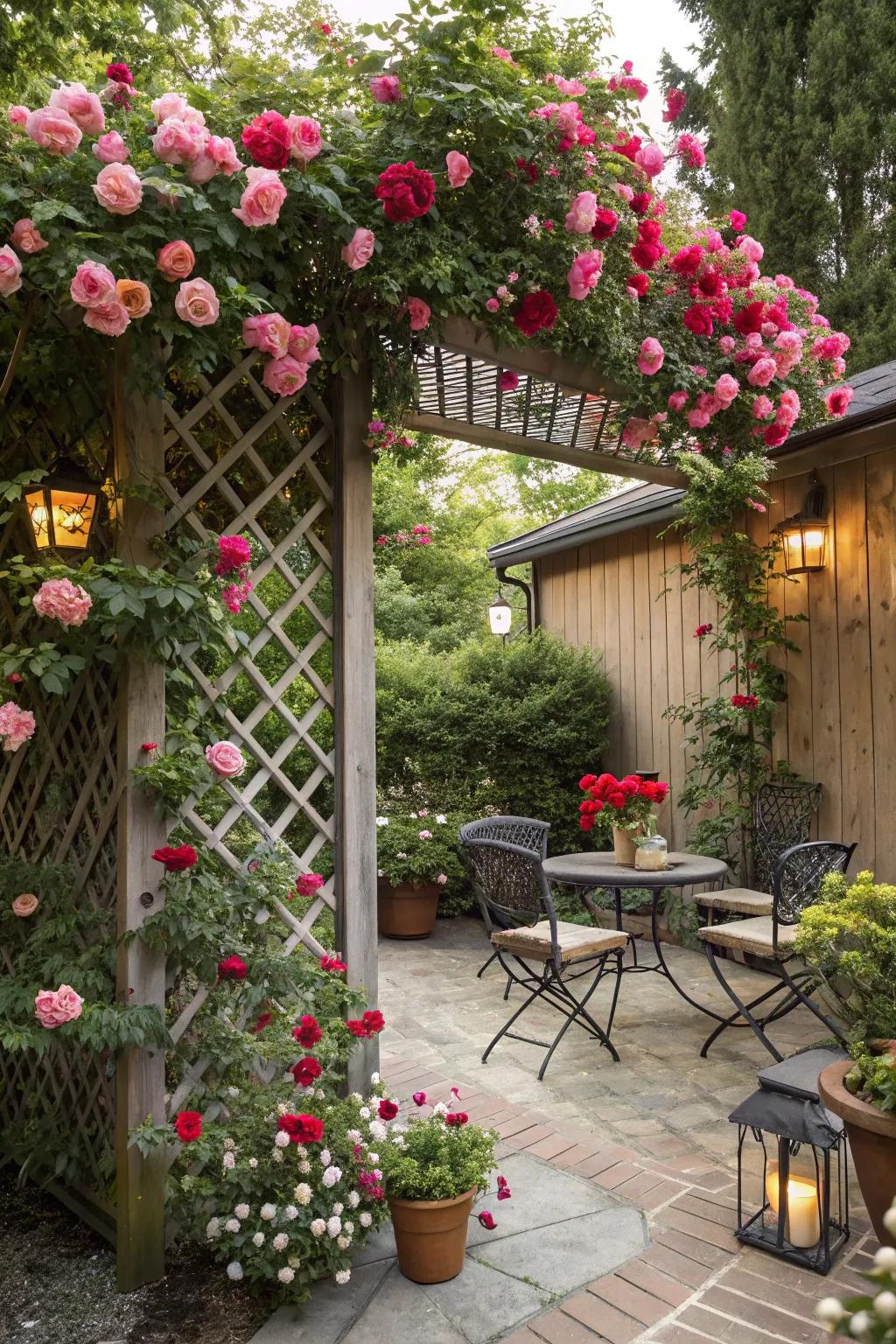An espalier swathed in ascending roses appends a lavish canopy to your patio.