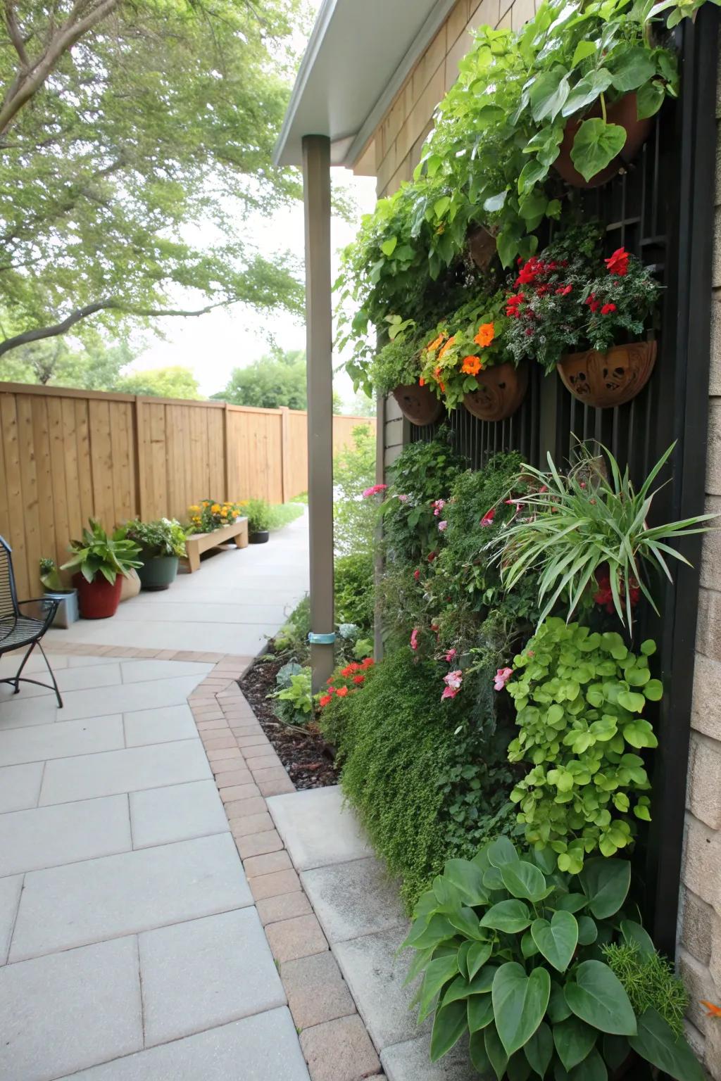 A vertical plant wall adds lush greenery without using floor space.