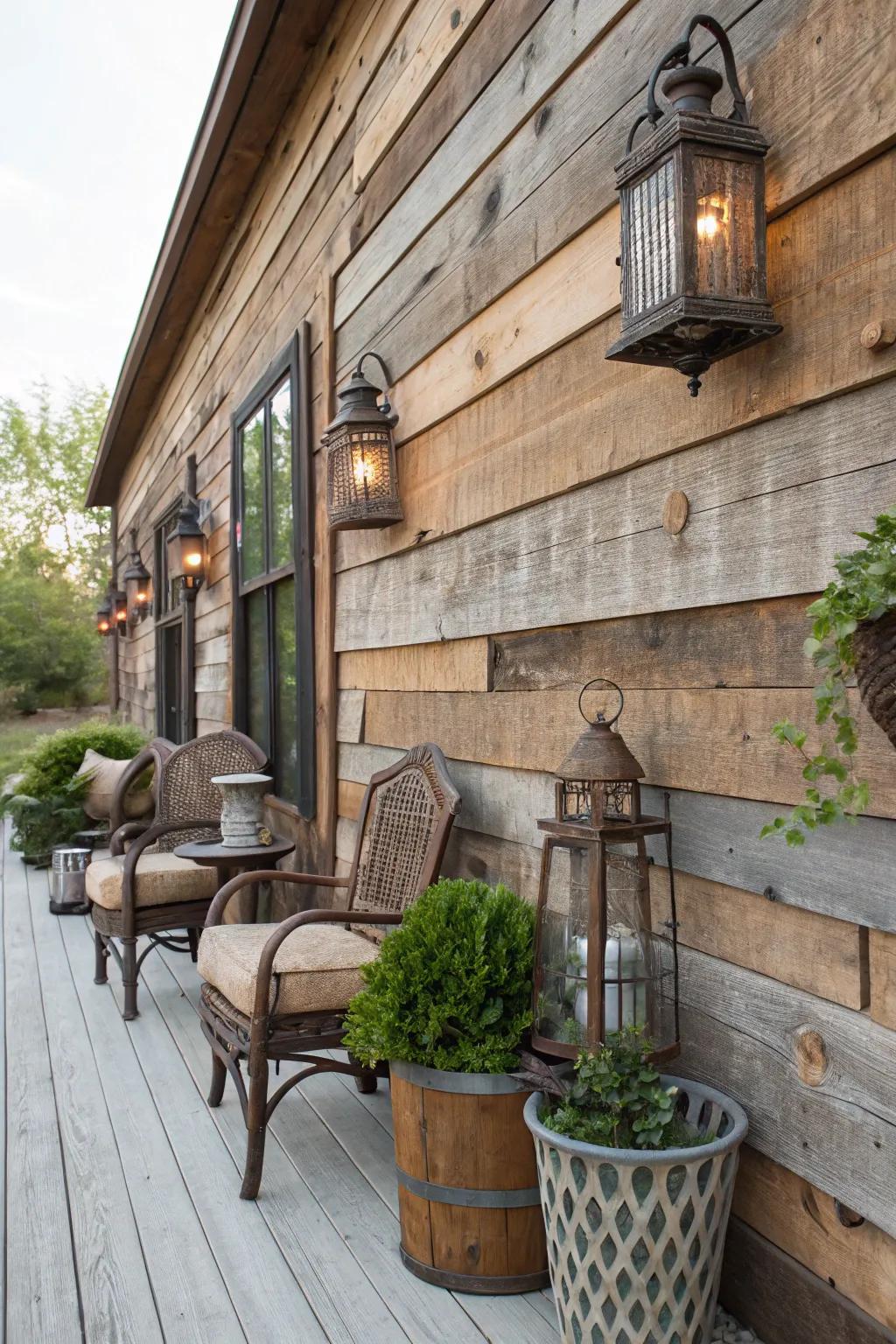 A country patio wall built from salvaged barn timber.
