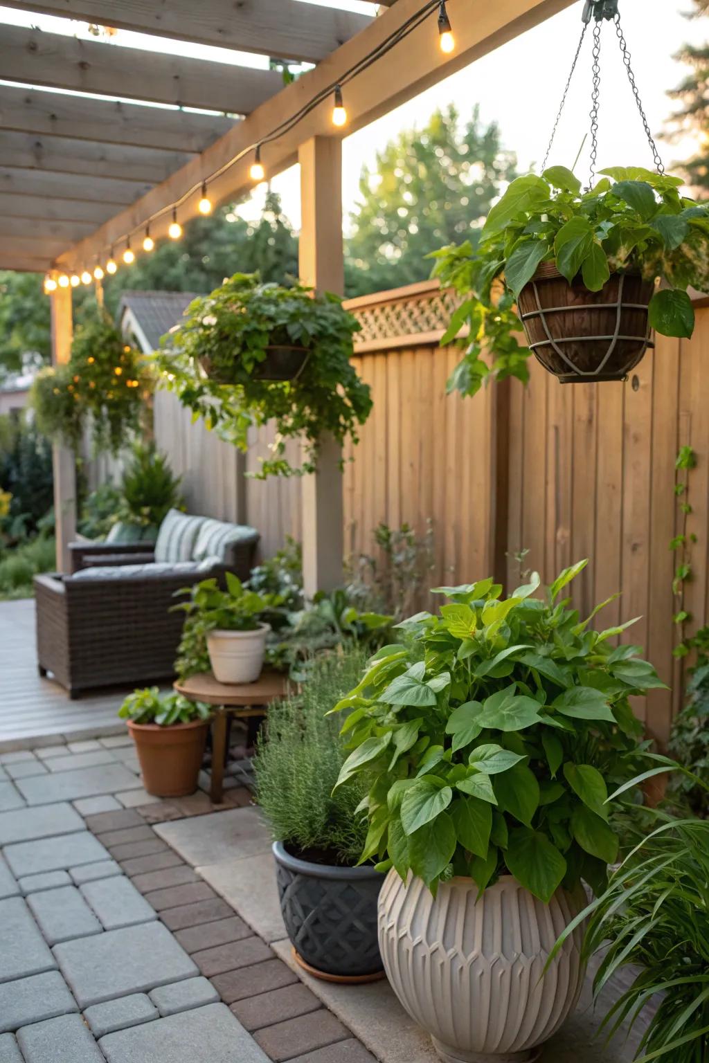 Lush foliage makes the patio atmosphere lively and inviting.