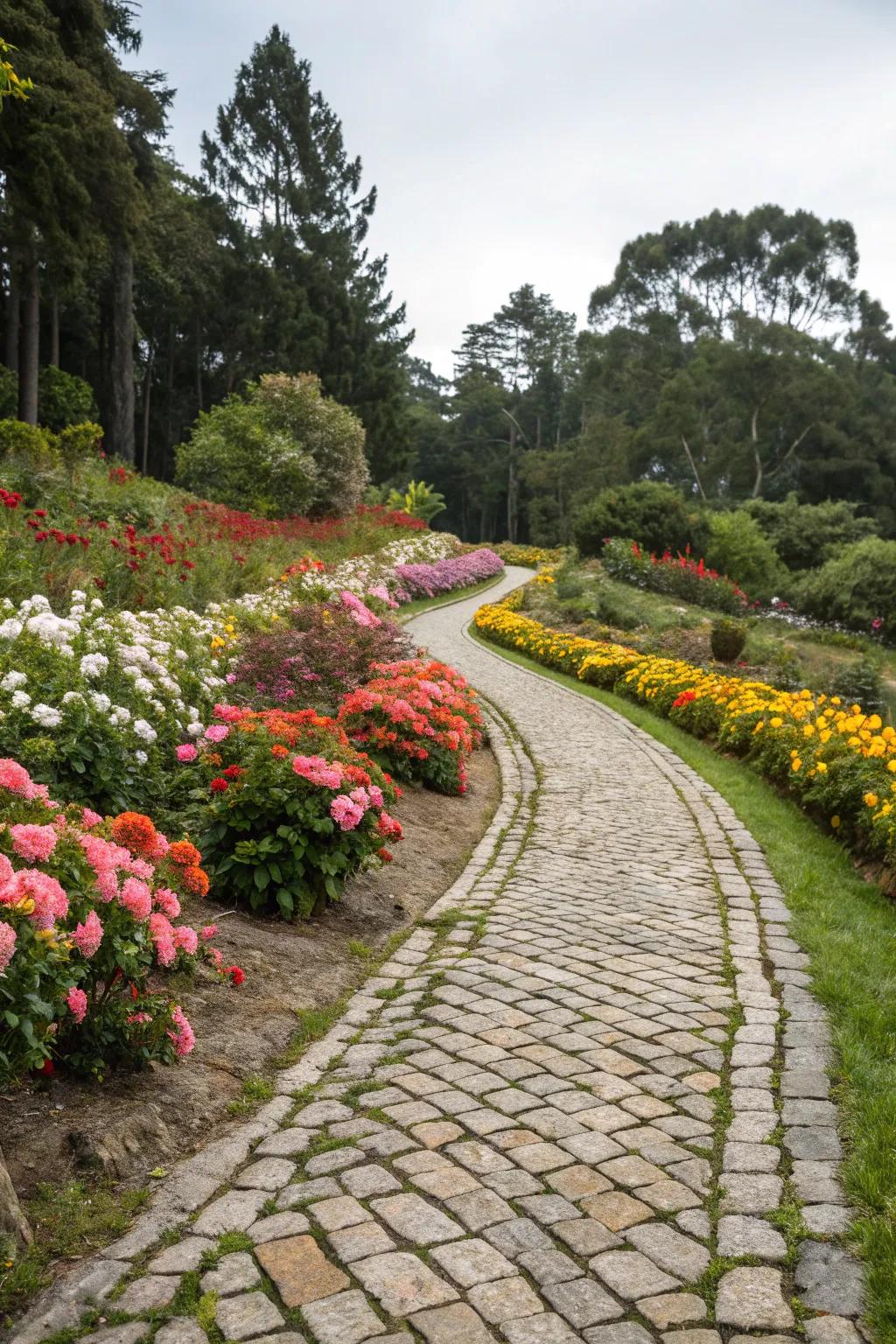 A lovely cobblestone route winding through a flourishing flower garden.