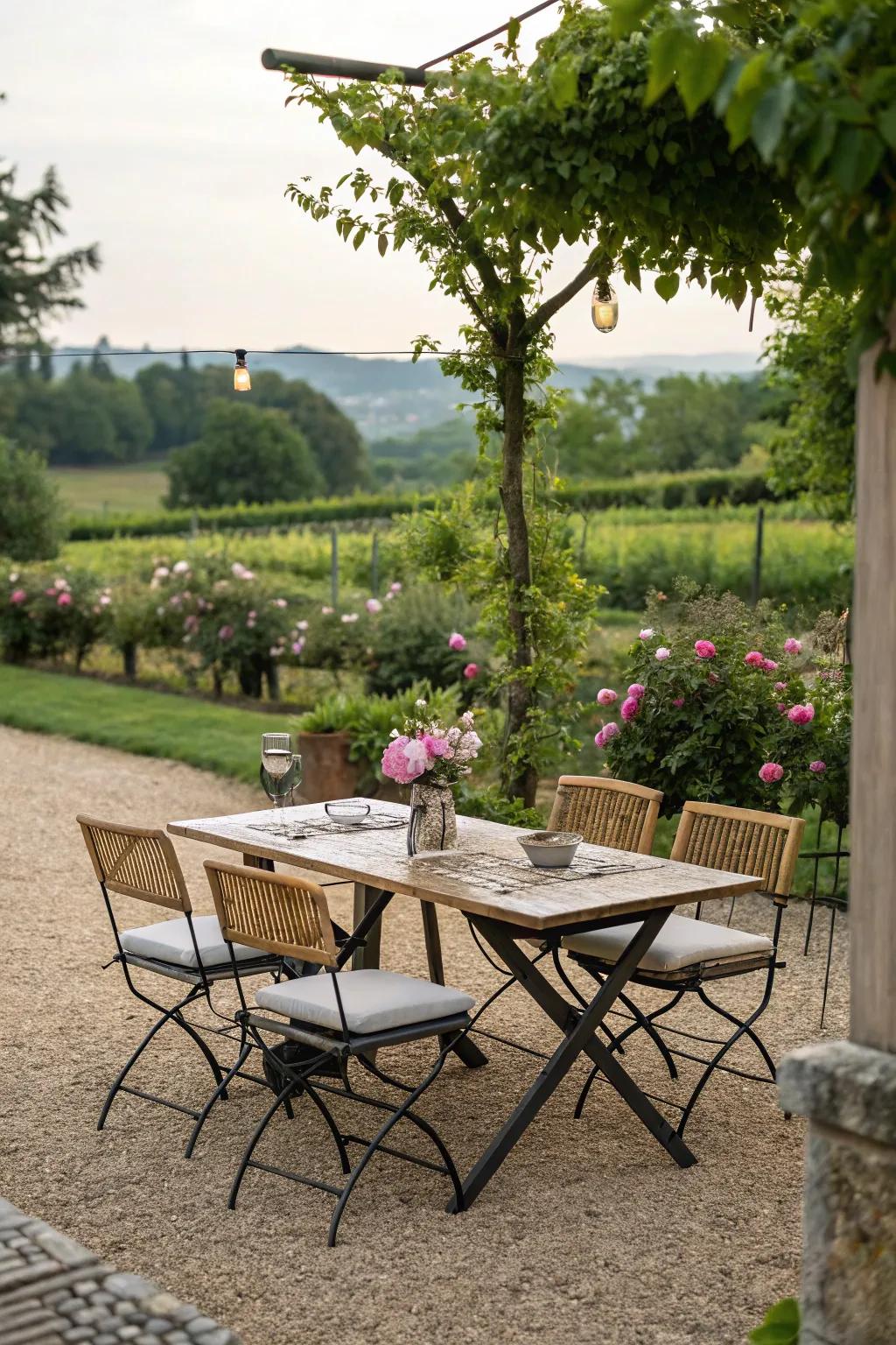 Enjoy meals outdoors in a small stones dining area.