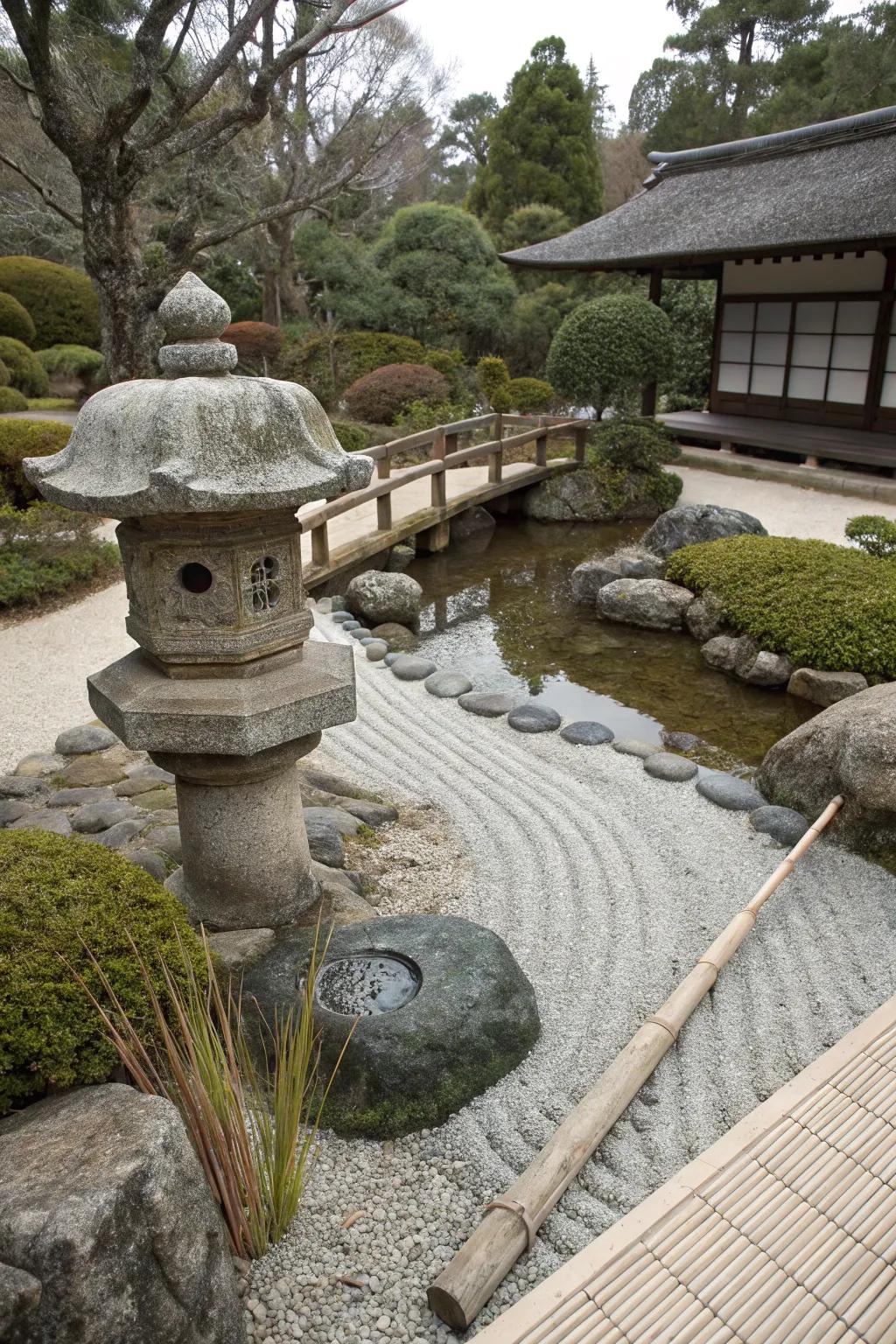 A Japanese Zen garden accent adds harmony and peace.