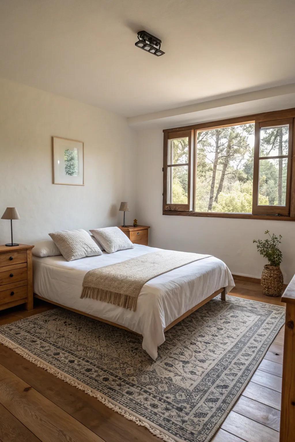 A minimalist bedroom featuring simple decoration, stressing open space and calm.
