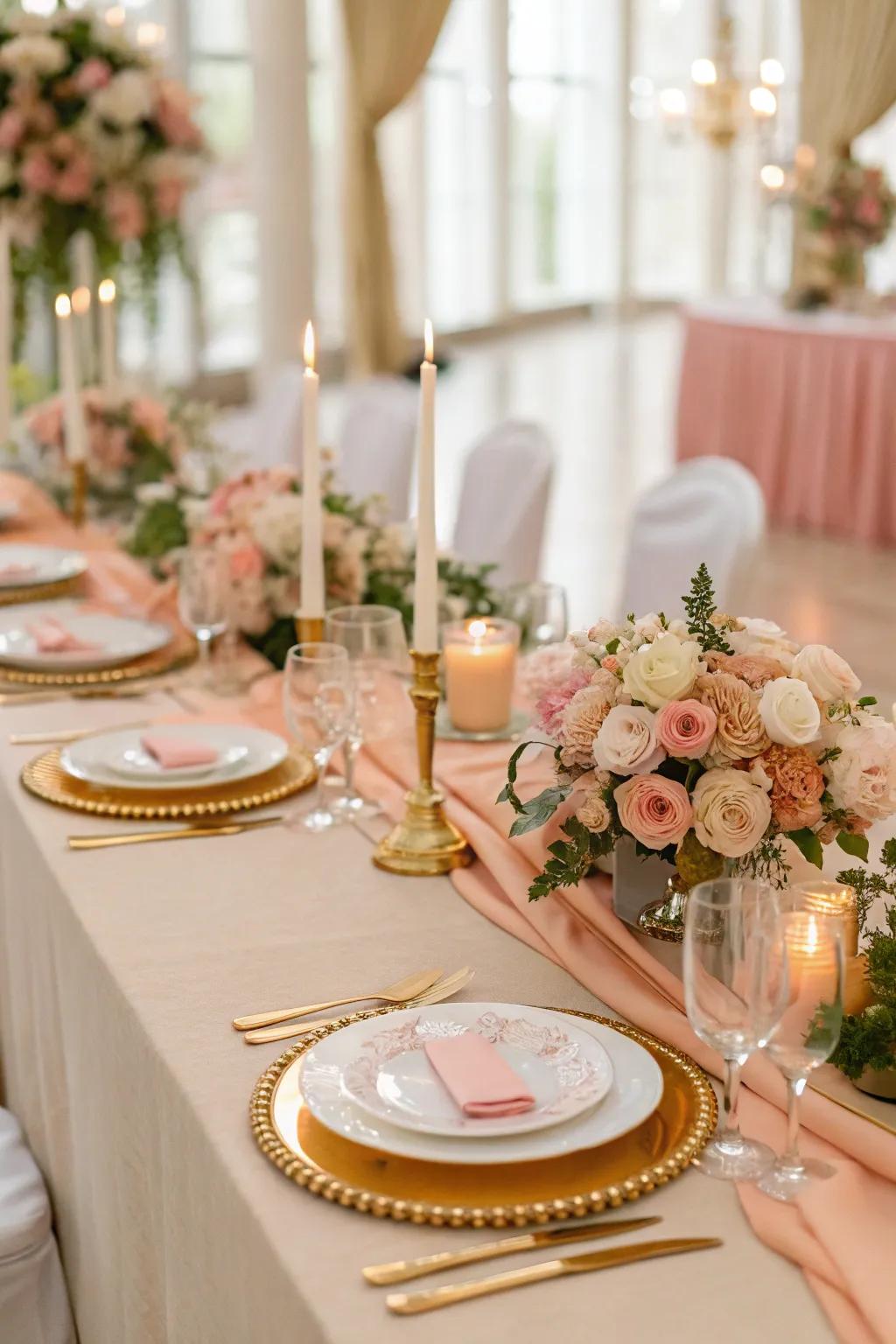 Lavish peach coupled with gold stand arrangements geared towards a glimmering impression.