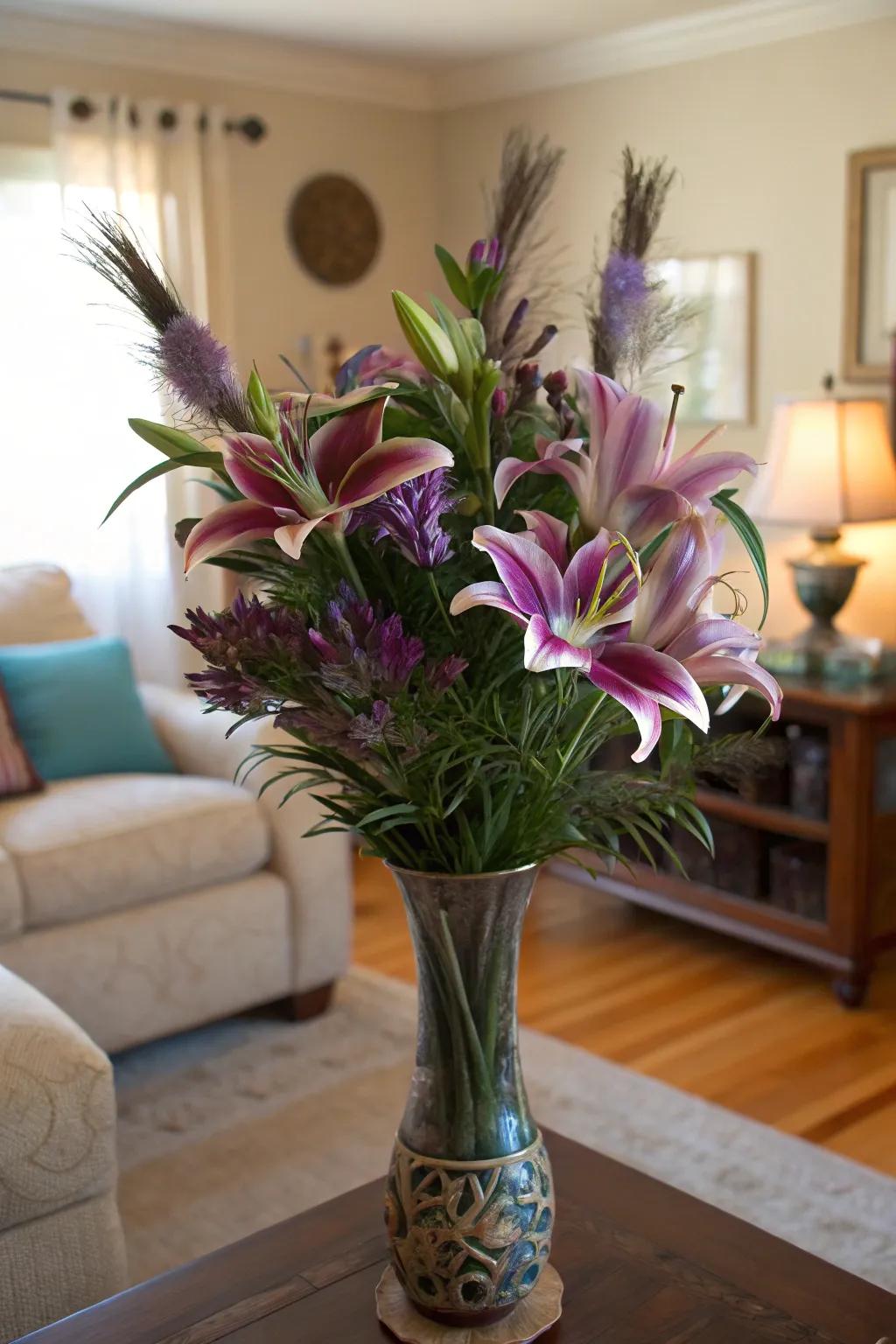 A stunning fusion of blooms and plumes for a spirited focal point.