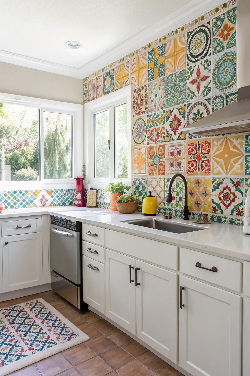 Add character to your culinary space using a vivid wallpaper backsplash.