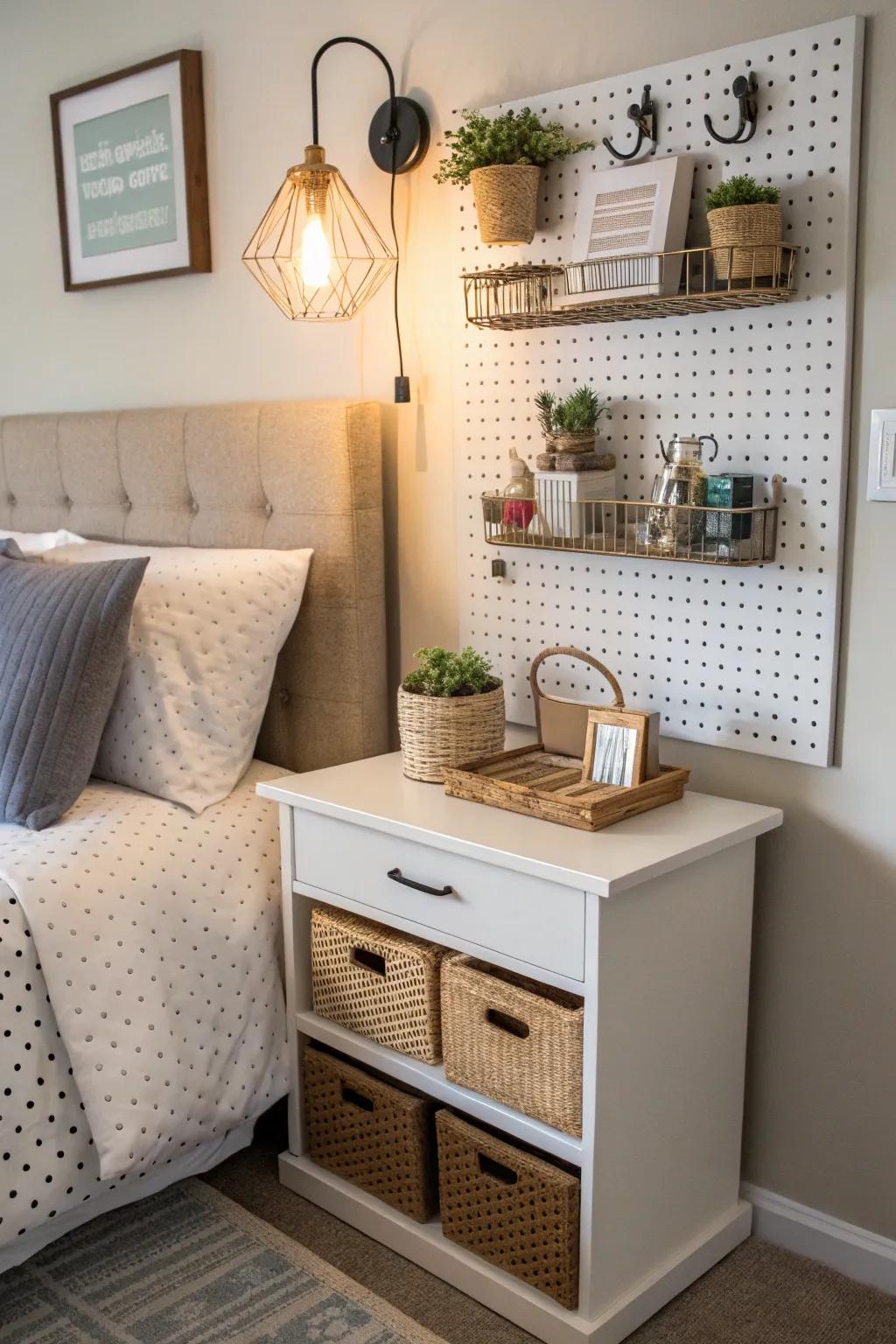 Space-efficient pegboard nightstands ensure essentials are always within reach.