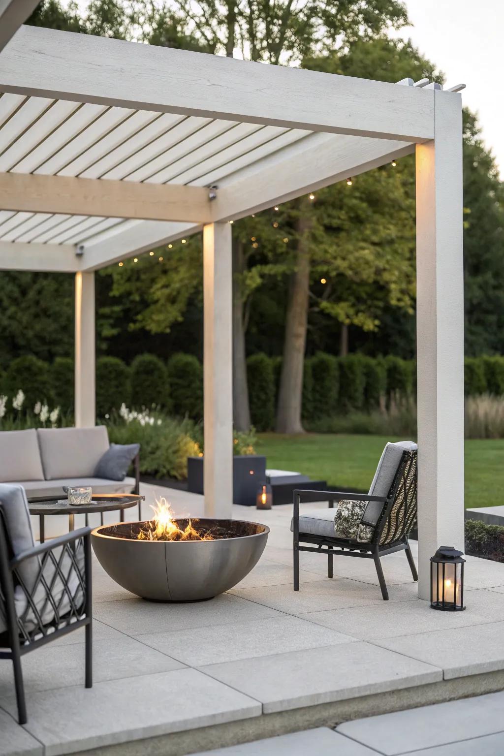Straightforwardness encounters panache with a streamlined bare-bones pergola fire spot.