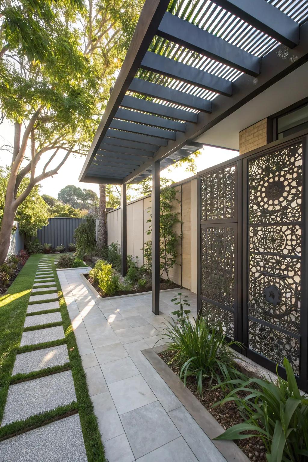 Metallic dividers introduce a refined, artistic element to pergola zones.