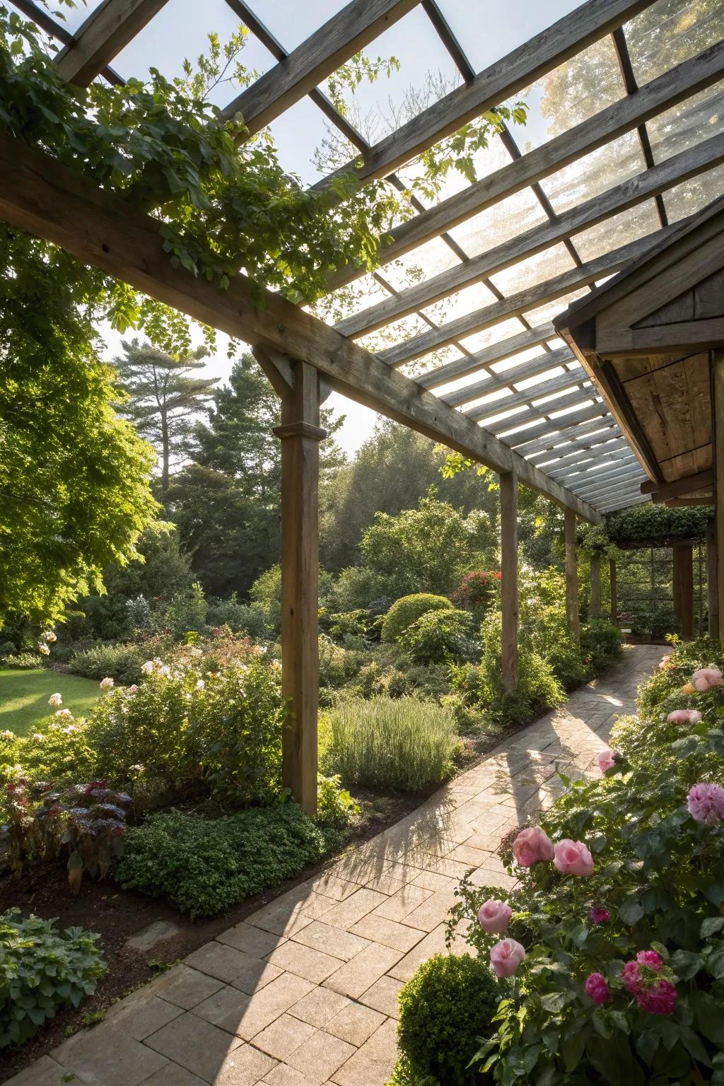 A structure with a glass overhead lets natural light flood into a cozy garden setting.