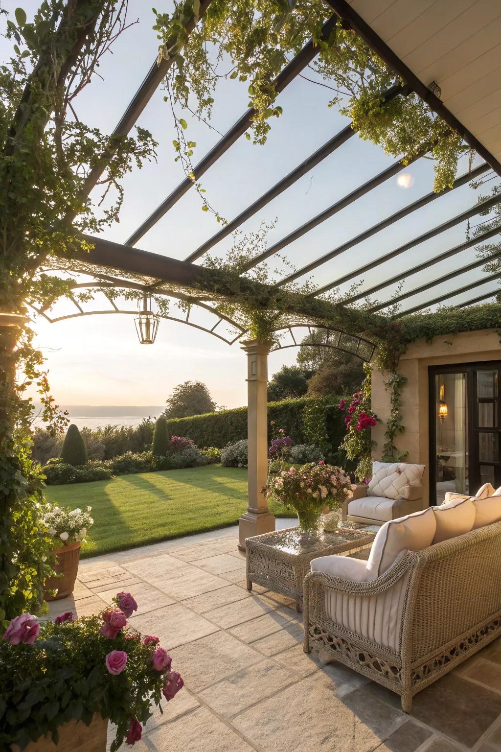 Welcome natural light through a glass pergola roof.