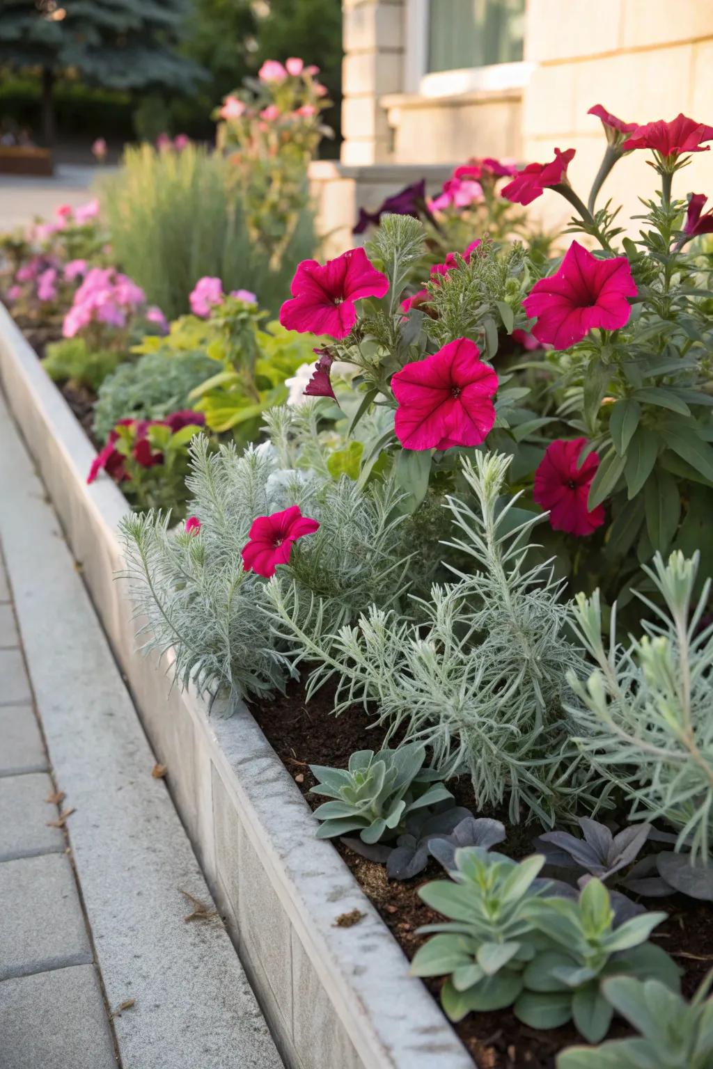 Euphorbia introduces a fragile aspect to robust petunias, culminating in a balanced garden feel.