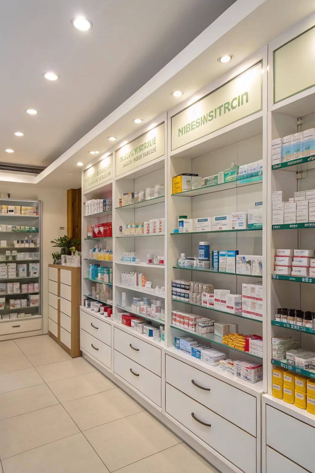 Pharmacy items displayed using efficient rack units