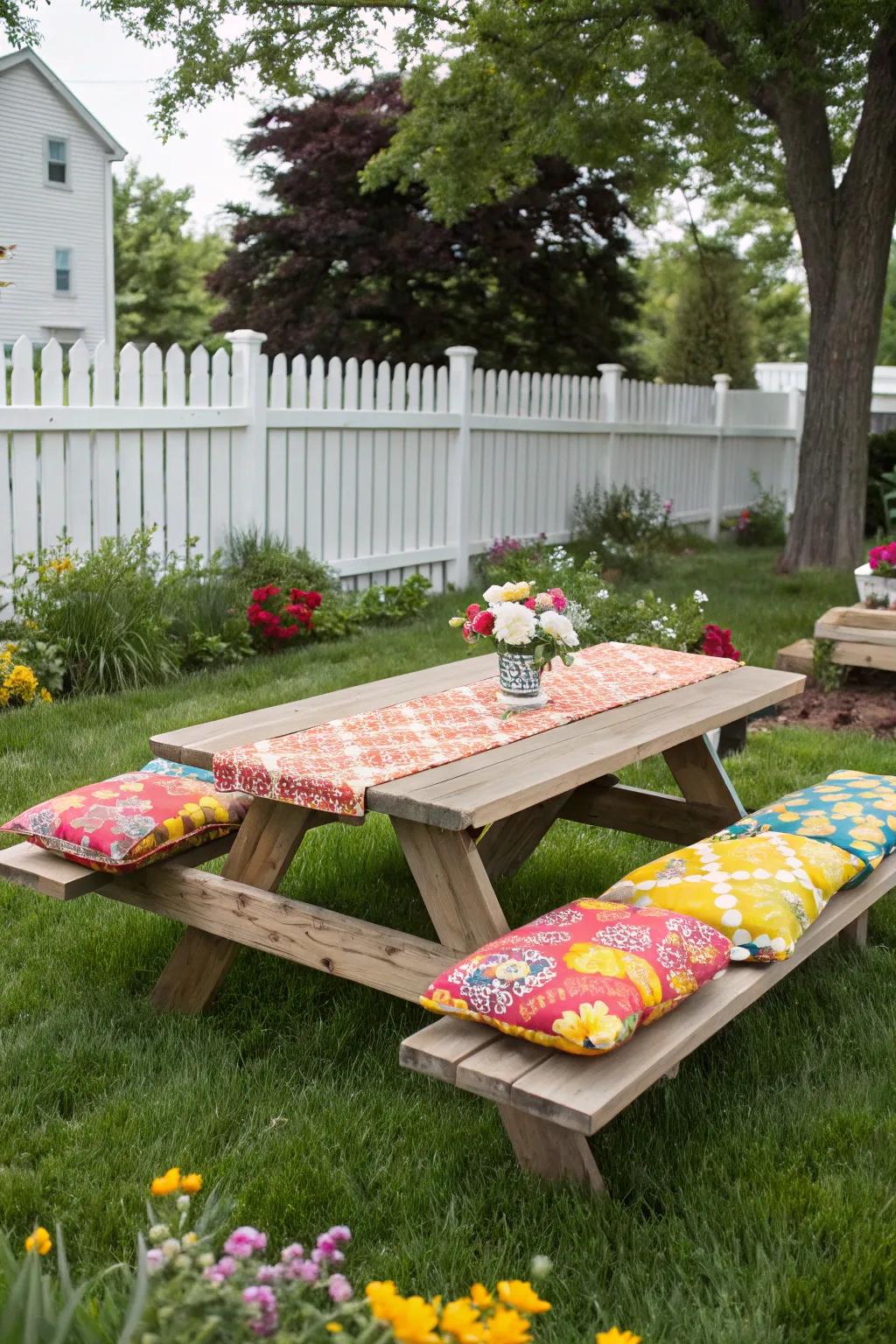Vibrant padding offers comfort and style to this picnic table arrangement.