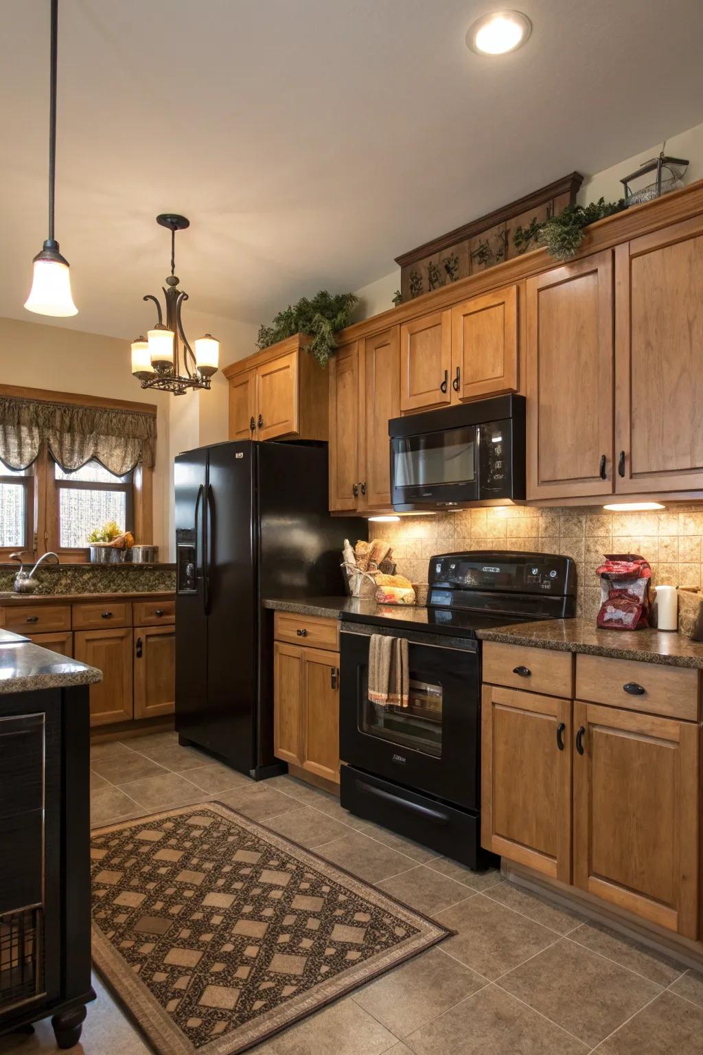 Wood features soften the smooth appearance of modern appliances.