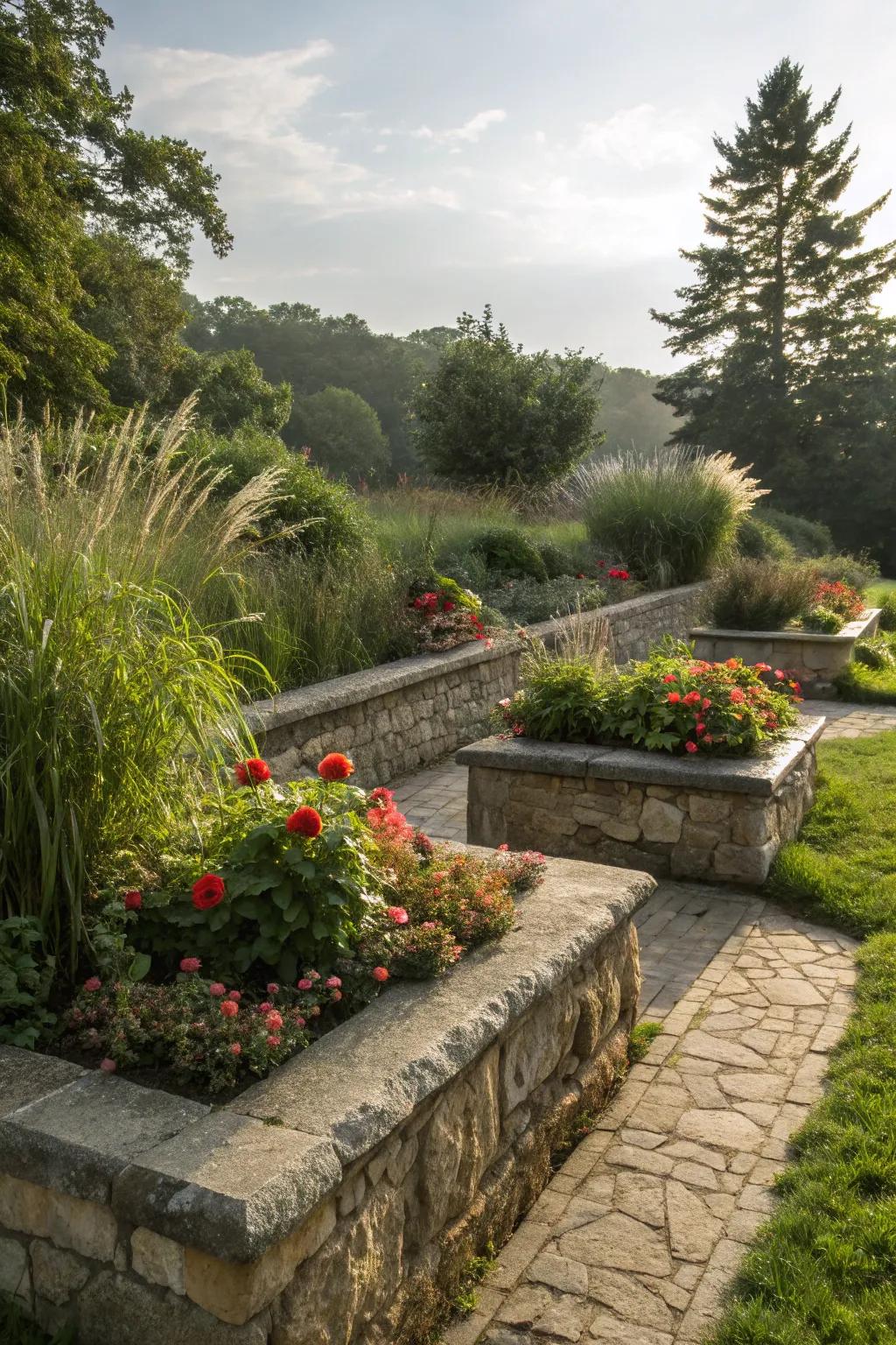 Design a tranquil sanctuary with graceful stone raised beds.