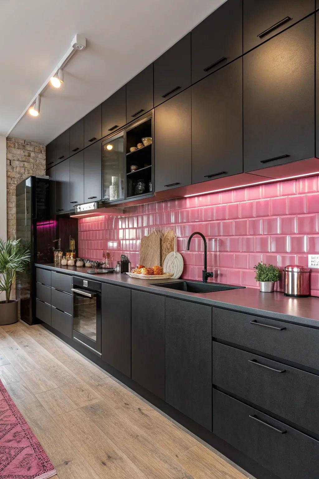 The interplay of smooth and glimmering textures enhances the cooking area's visual allure.