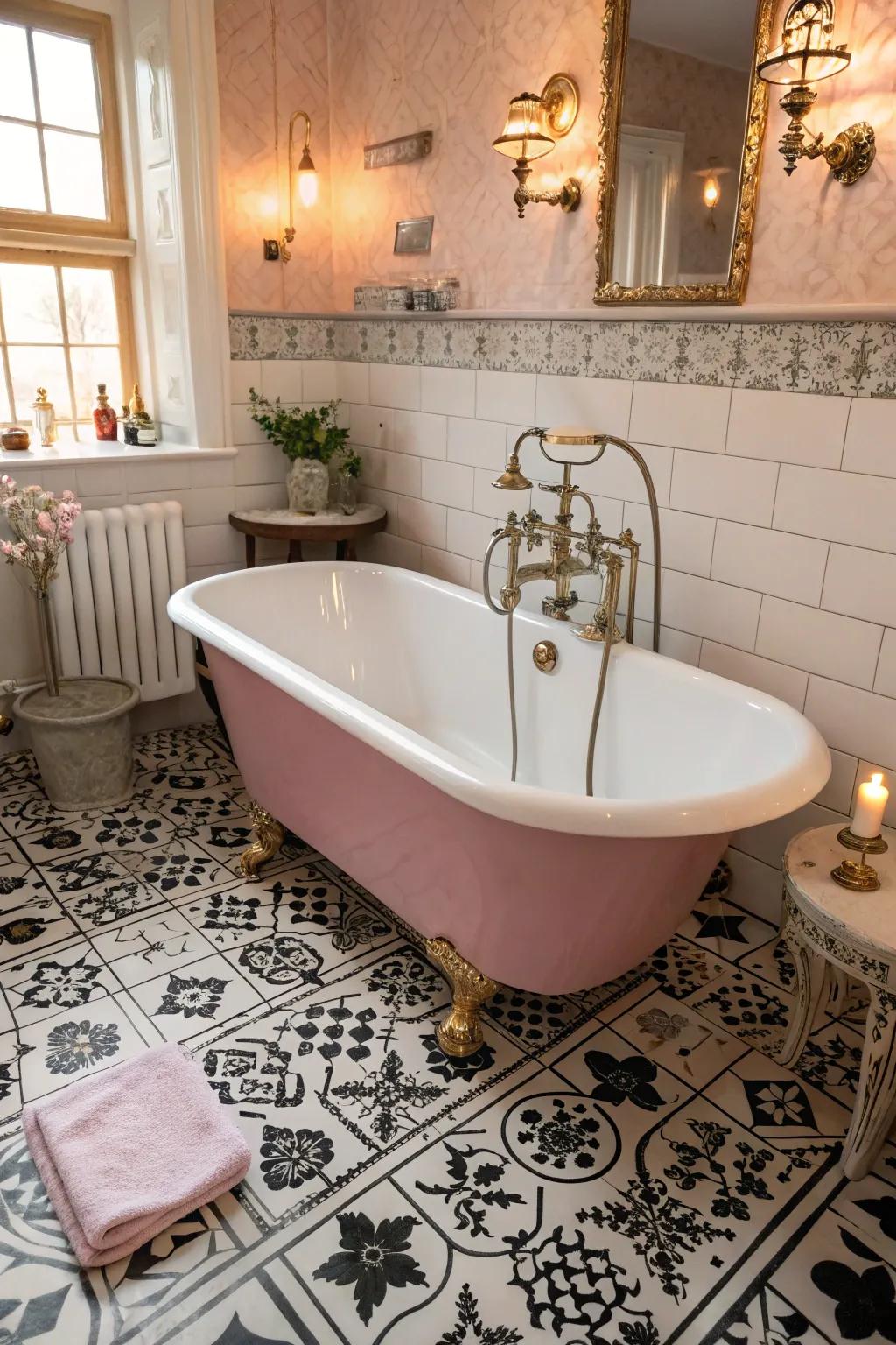 A rose clawfoot tub exudes retro charisma.