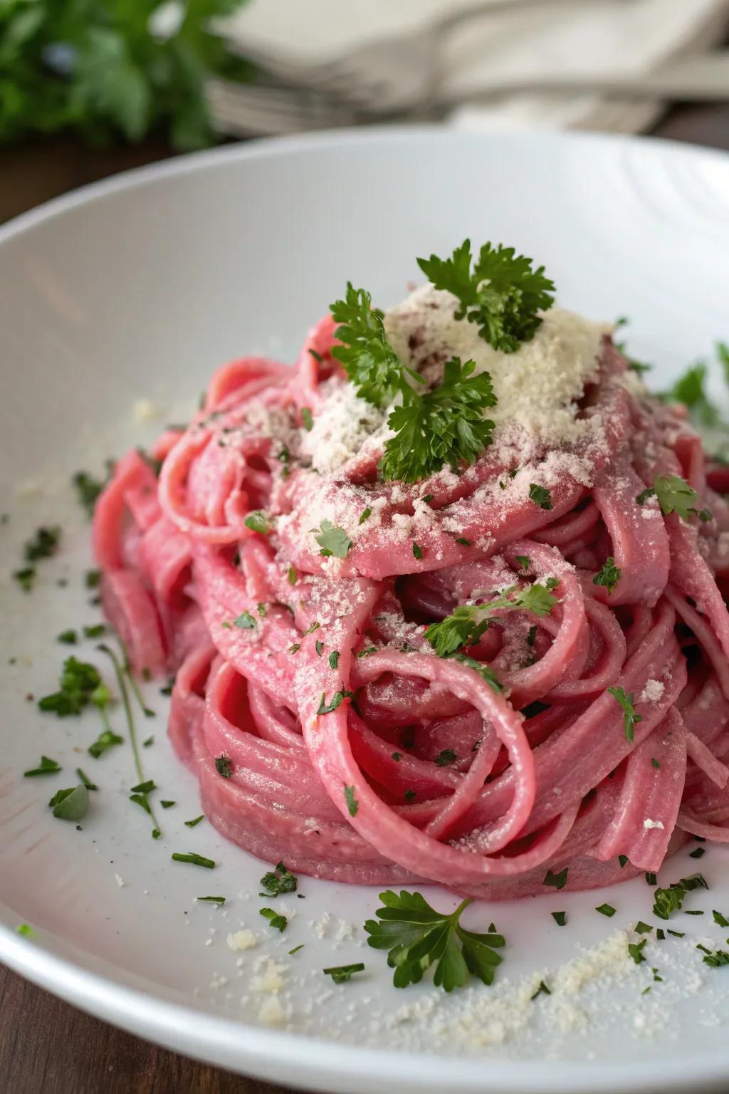 Rosy pasta carbonara offers an inventive and vibrant interpretation of a classic meal.