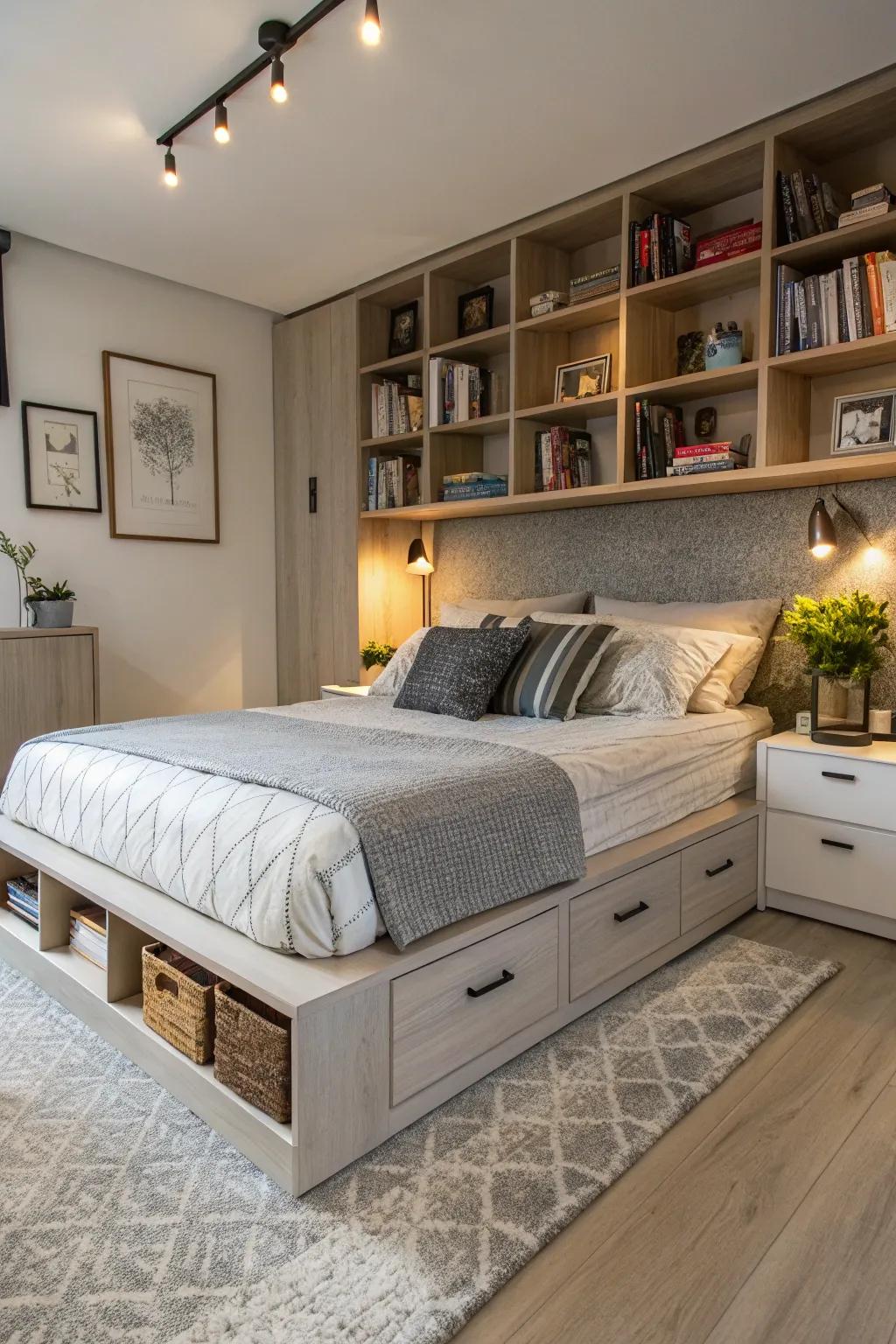 Integrated storage beds maximize space efficiency.