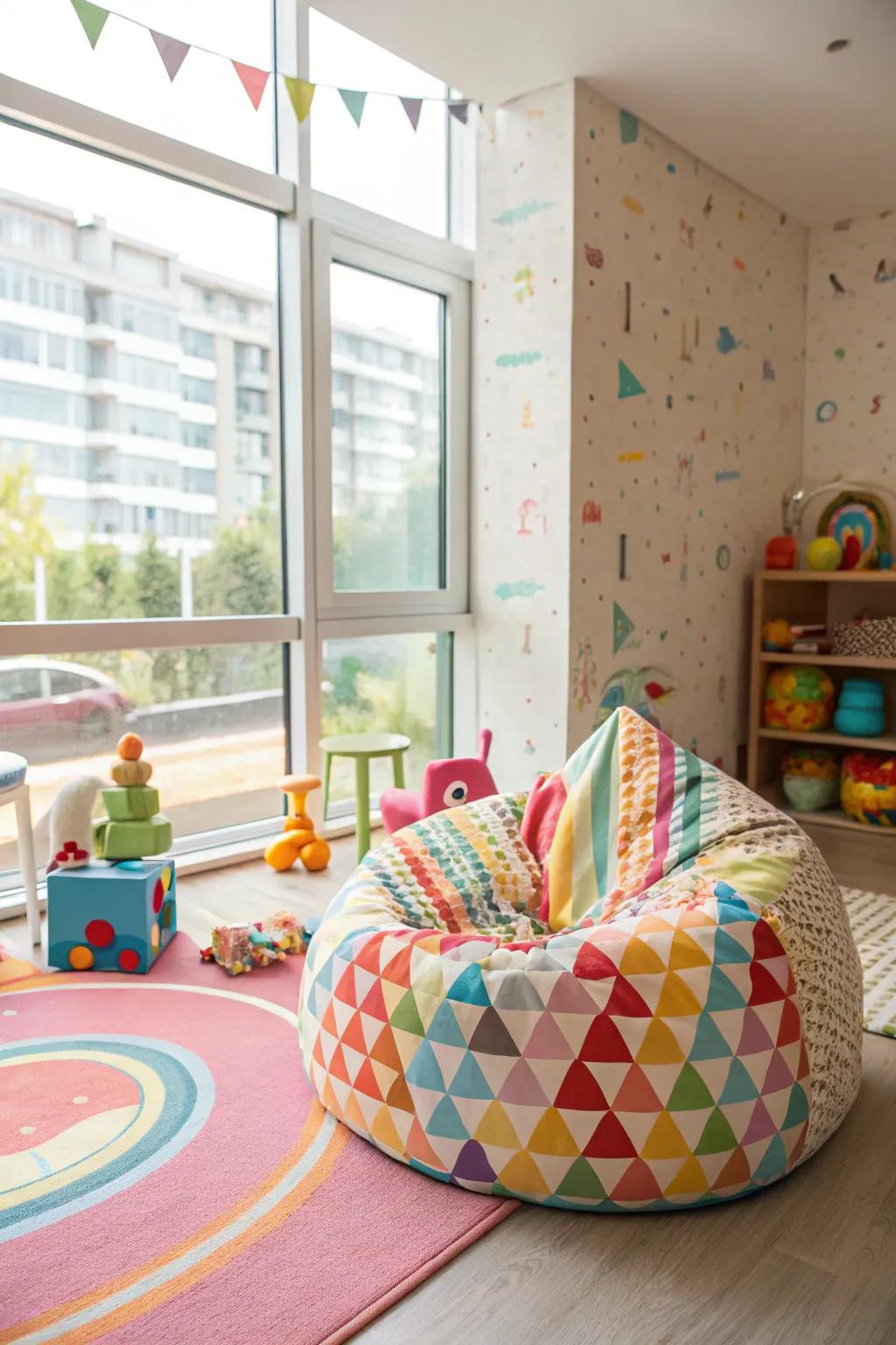A vibrant playroom with a playful bean bag couch.