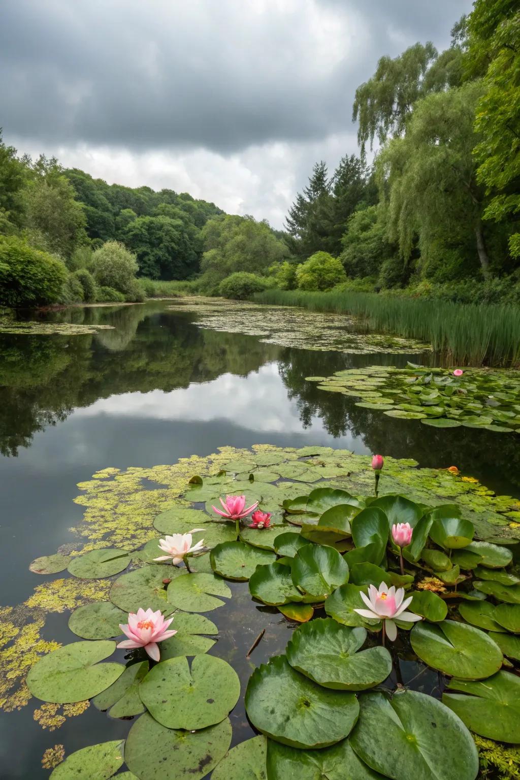 Blooming water lilies bring a burst of color and texture to the pond's surface.