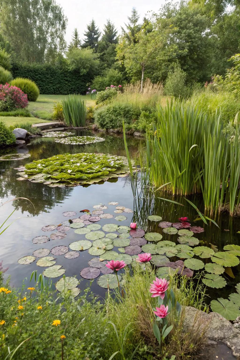 A lively pond environment flourishing with vibrant water lilies and slender reeds.
