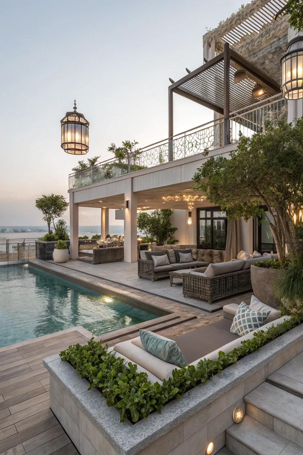 Tiered decks add an active element to poolside environments.