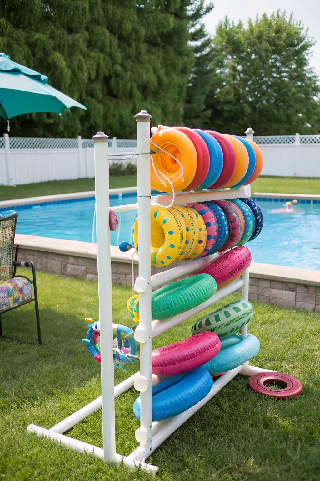 PVC pipe organizers deliver an inventive solution for pool float keeping.
