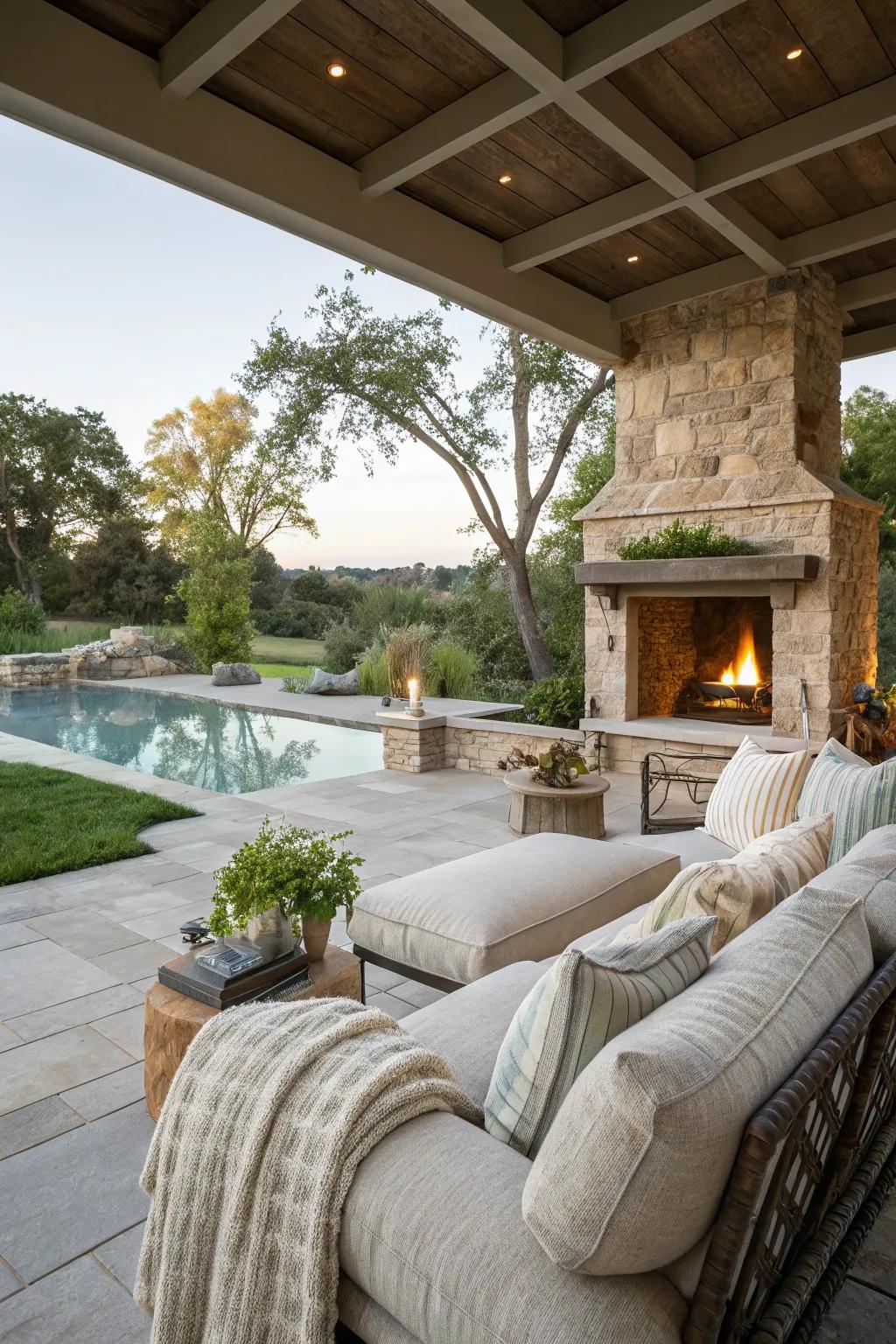 A welcoming outdoor space featuring comfortable seating and a fire feature.
