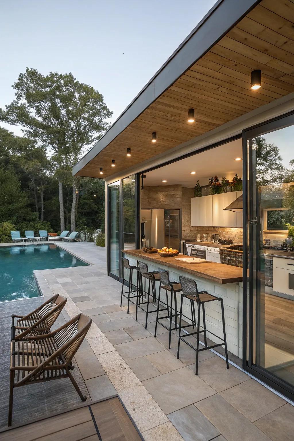 Exterior lounging adds a social touch to the poolside kitchenette.